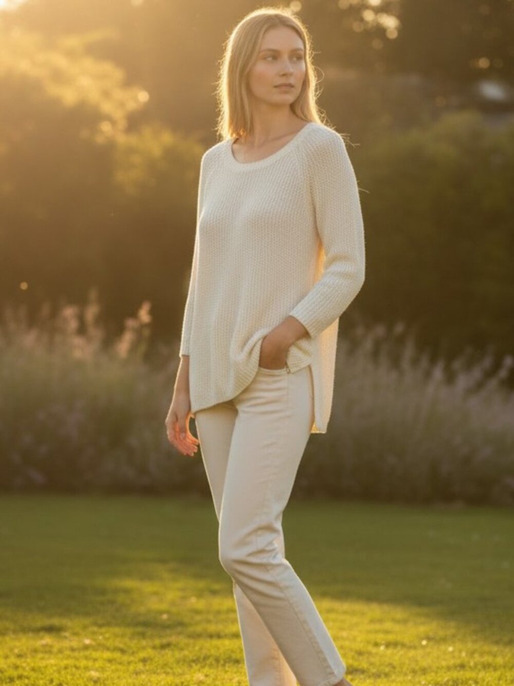 Ralph Lauren Cream Open-Knit Raglan Crew Sweater